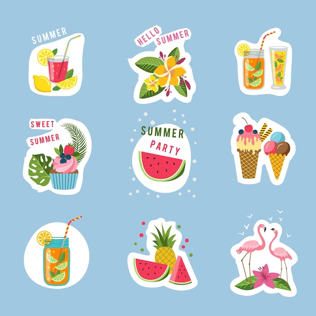 Vector summertime symbols ice cream flamingo flowers cocktails vector stickers template