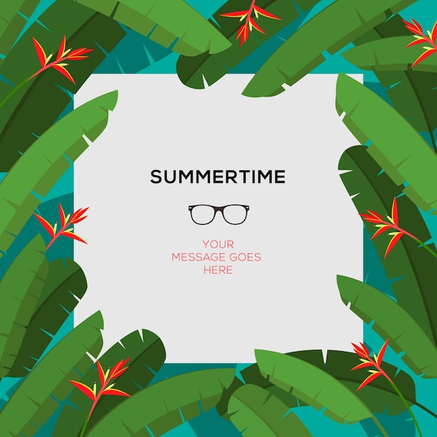 Summertime template with tropicalpalm leaves and red flowers frame and copy space in the middle