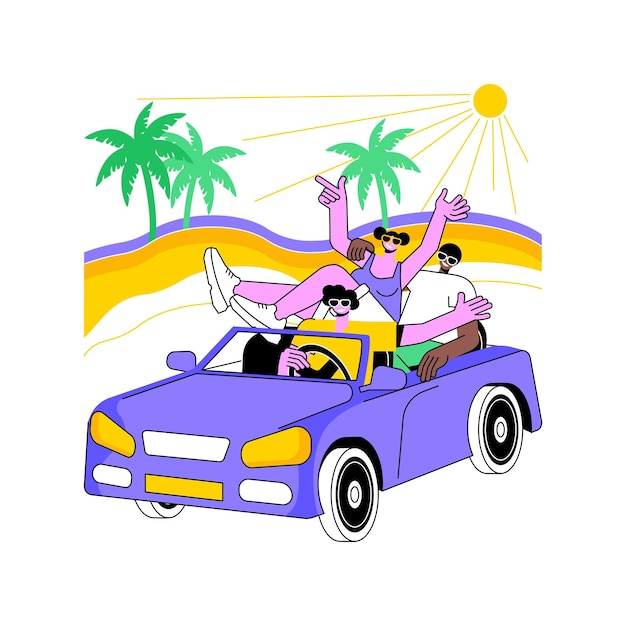 Summertime trip isolated cartoon vector illustrations Group of friends driving in cabrio along the shore taking selfie together people lifestyle summer road trip adventure vector cartoon