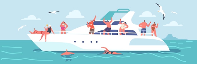 summertime vacation cruise young people relax on luxury yacht at ocean happy male and female characters rest on ship