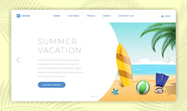 Vector summertime vacation landing page template. surfing, scuba diving equipment on sandy beach