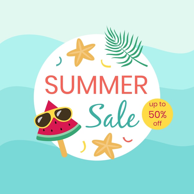 Summr vector banner sale watermelon sunglasses tropical leaf starfish sea background Flat style