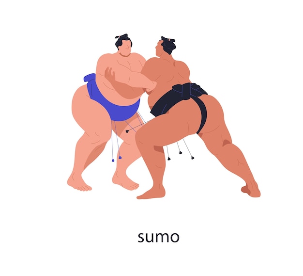 Sumo Japan worsteltoernooi Japanse vechters in kracht sport martiaanse kunst Vette mannen worstelaars die vechten in gevechtswedstrijd wedstrijd Platte vector illustratie geïsoleerd op witte achtergrond