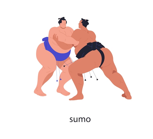 Sumo japan worsteltoernooi japanse vechters in kracht sport martiaanse kunst vette mannen worstelaars die vechten in gevechtswedstrijd wedstrijd platte vector illustratie geïsoleerd op witte achtergrond