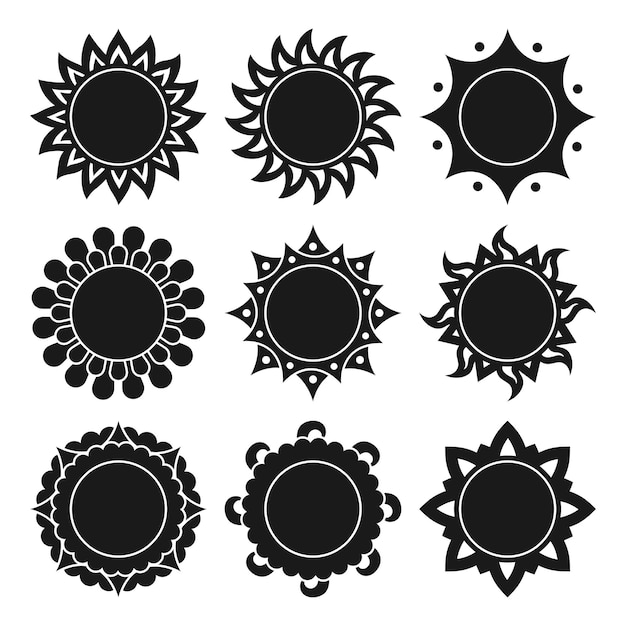 Sun abstract boho silhouette set ethnic suns ornamental flat retro sticker sign vector illustration