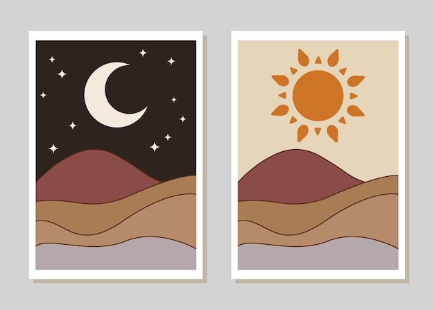 抽象的なベクトルのボヘミアン砂漠スタイルのポスターの太陽と月の壁の装飾印刷可能な壁紙セット