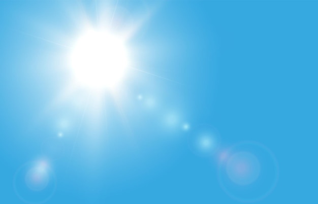 Sun on a blue sky background with rays and highlights