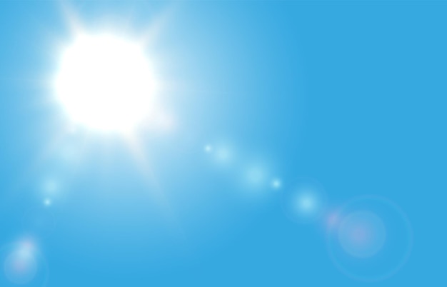 Sun on a blue sky background with rays and highlights