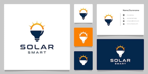 Design del logo della tecnologia della lampadina solare luminosa del sole con biglietto da visita