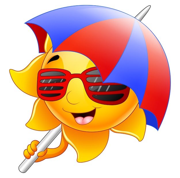 Sun character cartoon with sunglasses and umbrella