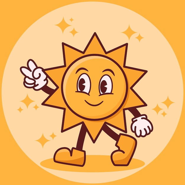 Vector sun character in groovy style funny cartoon character vector illustration