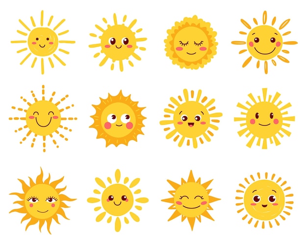 Premium Vector | Sun characters cartoon sunny faces and cute happy summer smiles vector icon sun characters or sunshine weather fun emoji of funny hot yellow suns with smile expression and blush Premium Vector | Sun characters cartoon sunny faces and cute happy summer smiles vector icon sun characters or sunshine weather fun emoji of funny hot yellow suns with smile expression and blush