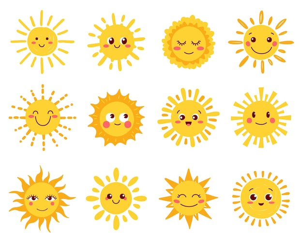 Personaggi del sole cartoni animati volti soleggiati e carino felice estate sorrisi vettore icona personaggi del sole o sole meteo divertente emoji di divertenti soli gialli caldi con espressione di sorriso e brillare arrossire