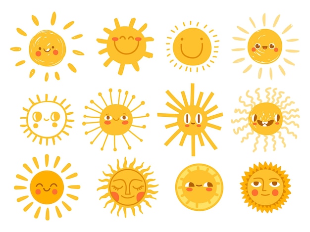 Sun characters. Cartoon sunshine emoji with funny faces. Children nursery decoration with sunny day designs. Kid happy morning vector set. Warm shining beams with smiling cheerful faces