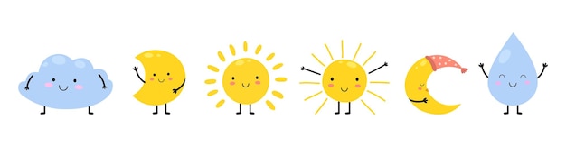 太陽の文字 太陽の雲と三日月 月とかわいい水滴 フラット漫画天気要素分離ベクトルを設定
