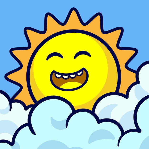 Vector sun behind a cloud over blue sky cartoon character illustration