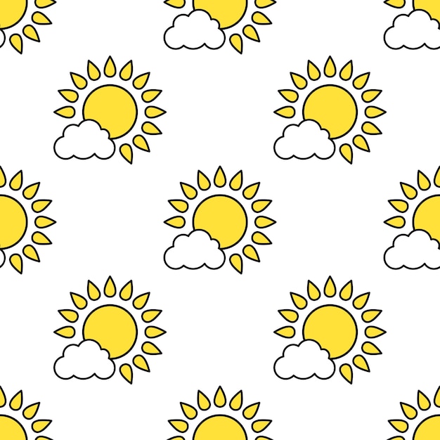 Sun and cloud vector seamless pattern Stylized elements with black outline on white background