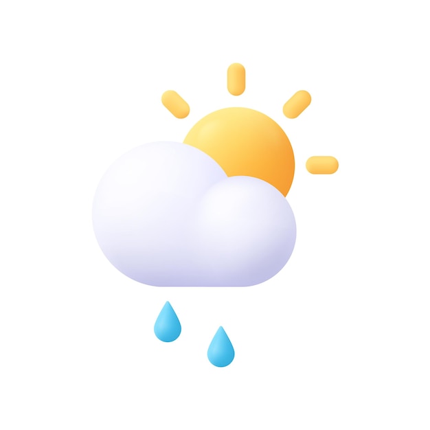 Sole e nuvole con gocce di pioggia concetto meteo 3d icona vettore stile minimale cartone animato