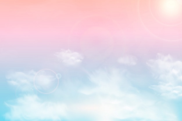 Vector sun and clouds background with a soft pastel color. fantasy magical sunny sky pastel background with colorful cloudy sunny sky, fluffy white cloud.