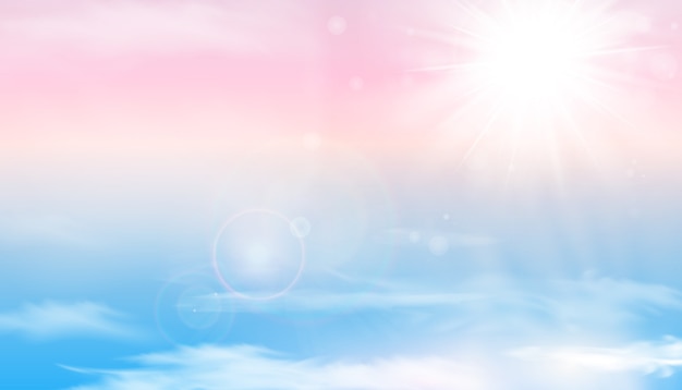 Sun and clouds background with a soft pastel color. Fantasy magical sunny sky pastel background with colorful cloudy sunny sky, fluffy white cloud. 