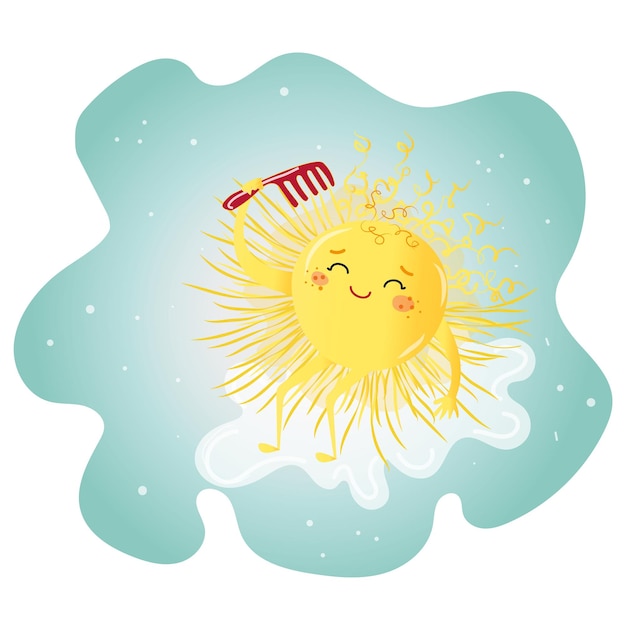 the sun combs its rays. blue delicate background and white cloud. childrens illustration