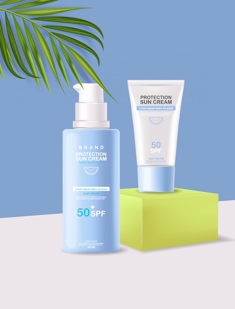 Sun cream bottle 3d realistic isolated, geometric scene,   protection sun cream, spf 50 summer cosmetics   illustration
