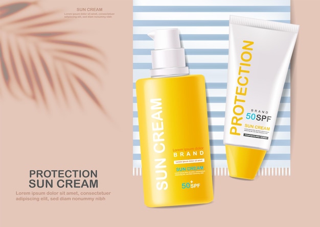 Vector sun cream bottle 3d realistic isolated sea background tropical banner packaging mockup