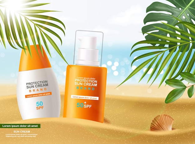 Crema solare bottiglia 3d realistico isolato mare sfondo banner tropicale packaging mockup