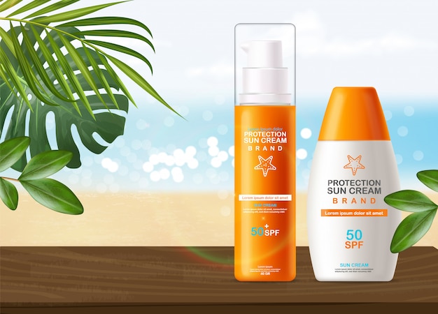 Sun cream bottle 3d realistic isolated, sea background, tropical banner, packaging , protection sun cream, spf 50 summer cosmetics illustration