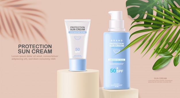 Bottiglia di crema solare 3d realistico isolato, banner tropicale, scena geometrica, crema solare di protezione, cosmetici estivi spf 50