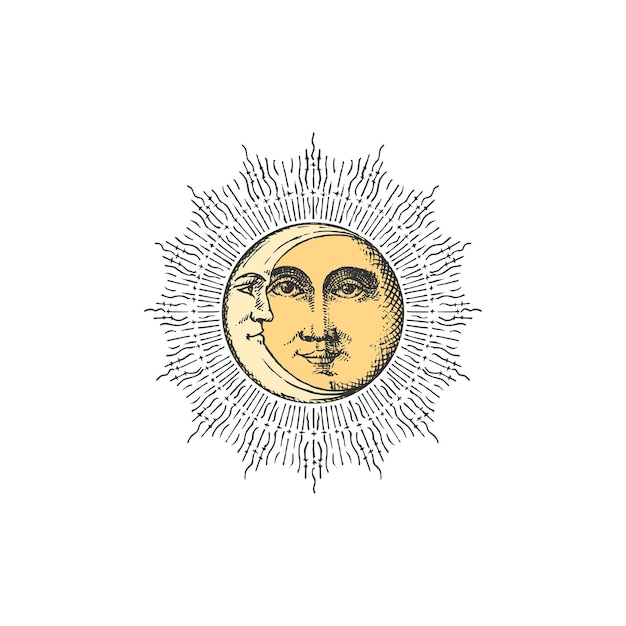 Sun and crescent hand drawn symbols vintage illustration of esoteric and occult signs