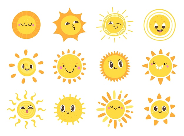 Vettore sun emoji solari sorridenti graziosi con facce divertenti doodle giallo sole estivo vettore solari simboli estivi isolati set