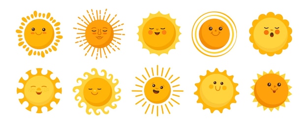 Il set di personaggi dei cartoni animati di emozione del sole affronta i soli gialli solari divertenti infantili astratto clipart vettoriali