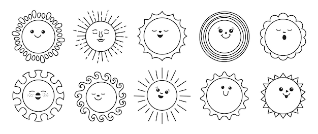 Vector sun emotion doodle outline character set faces cute solar funny childish contour vector clipart