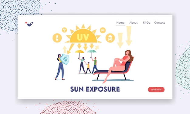 Шаблон целевой страницы для выдержки на солнце. уф-излучение, защита от солнечного ультрафиолета. персонажи со щитами отражают солнечный свет, семейная прогулка с зонтиком, женщина загар. мультфильм люди векторные иллюстрации