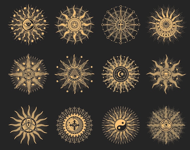 Солнце и глаз, эзотерическая оккультная пентаграмма, магические знаки Таро и оккультные векторные символы пентакля. Алхимия, оккультизм и ритуальные пентаграммы колдовства с иллюминатами Мейсона, всевидящее око и знак Инь Ян.