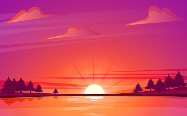 太陽が落ちる風景のイラスト