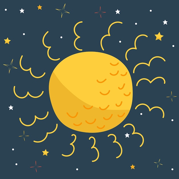 Солнце в плоском дизайне на векторе фона звездного неба