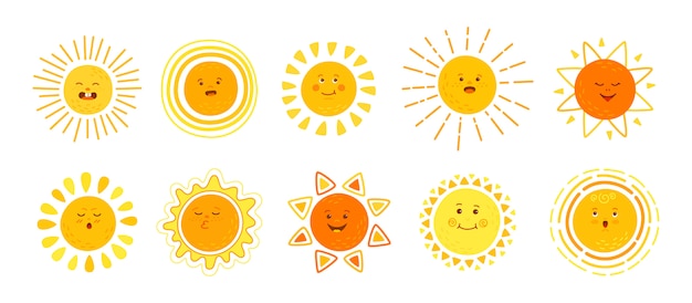 Vector sun flat set. hand drawn cute suns. funny yellow childish sunny emoticons collection. smiling sun with sunbeams cartoon character. emoji summer emoticons. isolated  illustration white background