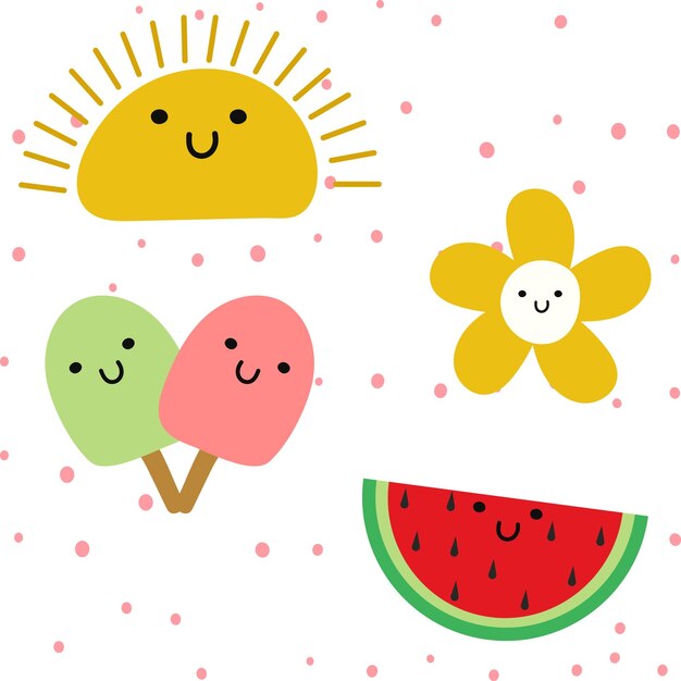 Sun flower ice cream and watermelon doodles leuke illustraties vector designs