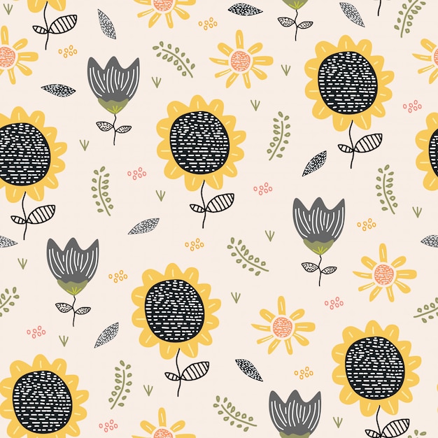 Vector sun flower seamless pattern drawing