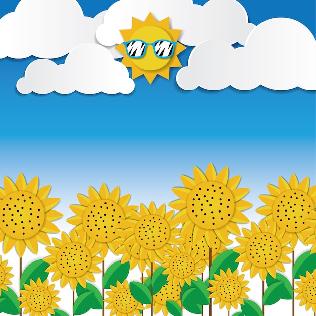 sun flowers field paper art design illustration