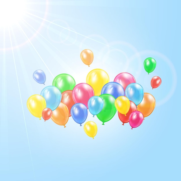 Sun and flying colored balloons on sky background illustration