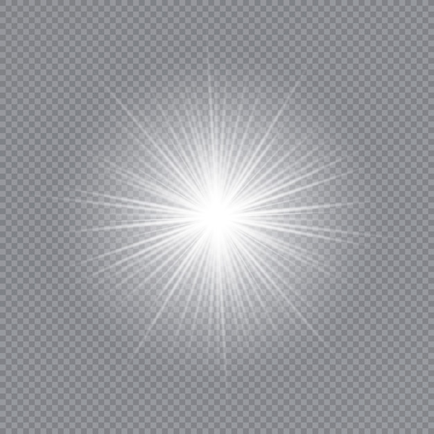 태양. 광선 조명 효과. 흰색 빛나는 빛 버스트 폭발