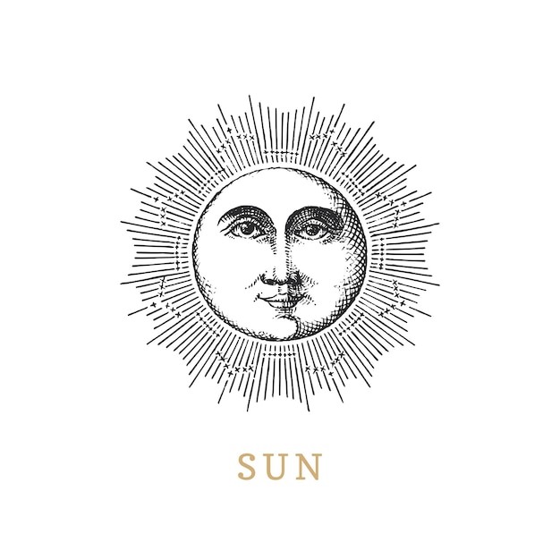 Солнце, нарисованное вручную в стиле гравюры векторное изображение