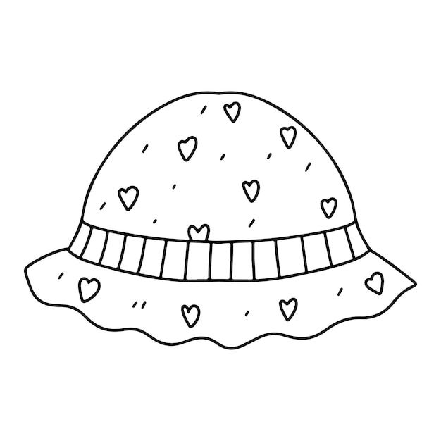 Cappello da sole con cuori in stile doodle disegnato a mano illustrazione vettoriale su sfondo bianco