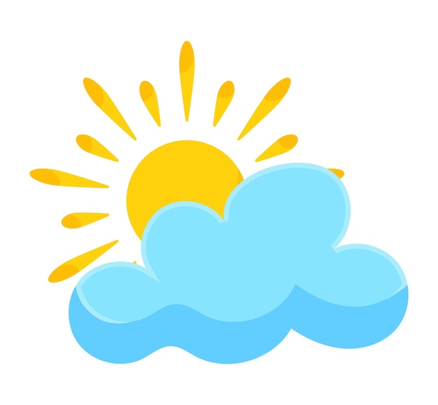 Vector sun hiding at blue cloud partly cloudy weather forecast element vector illustration in cartoon design