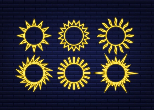 Vector sun icon doodles isolated on blue background. summes season. sun neon set.