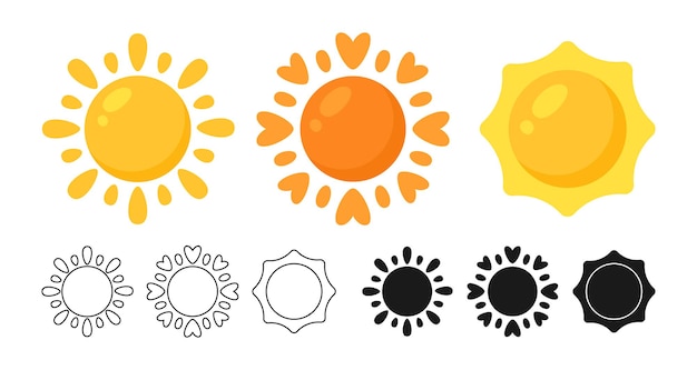 Значок солнца набор линии силуэт мультфильм символ элемент погоды метеорологический инфографический знак