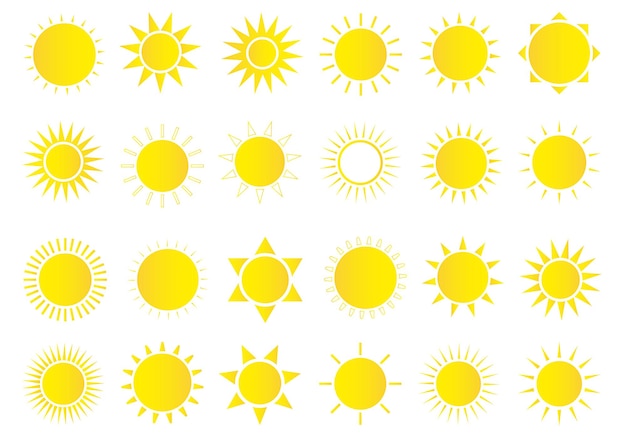 Set di icone del sole icona del sole meteo stella del sole gialla elementi estivi per il design illustrazione vettoriale